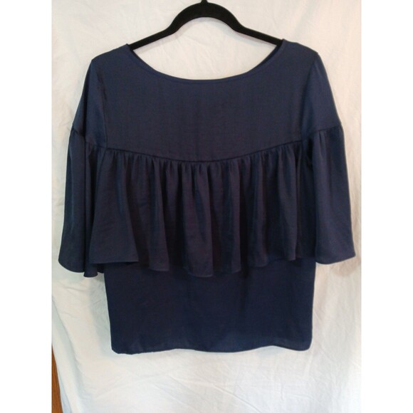 Jennifer Lopez Sheer-Ruffle Blouse -lined-3/4 Sleeve-Navy Blue-W/Large-Pullover - Picture 8 of 16